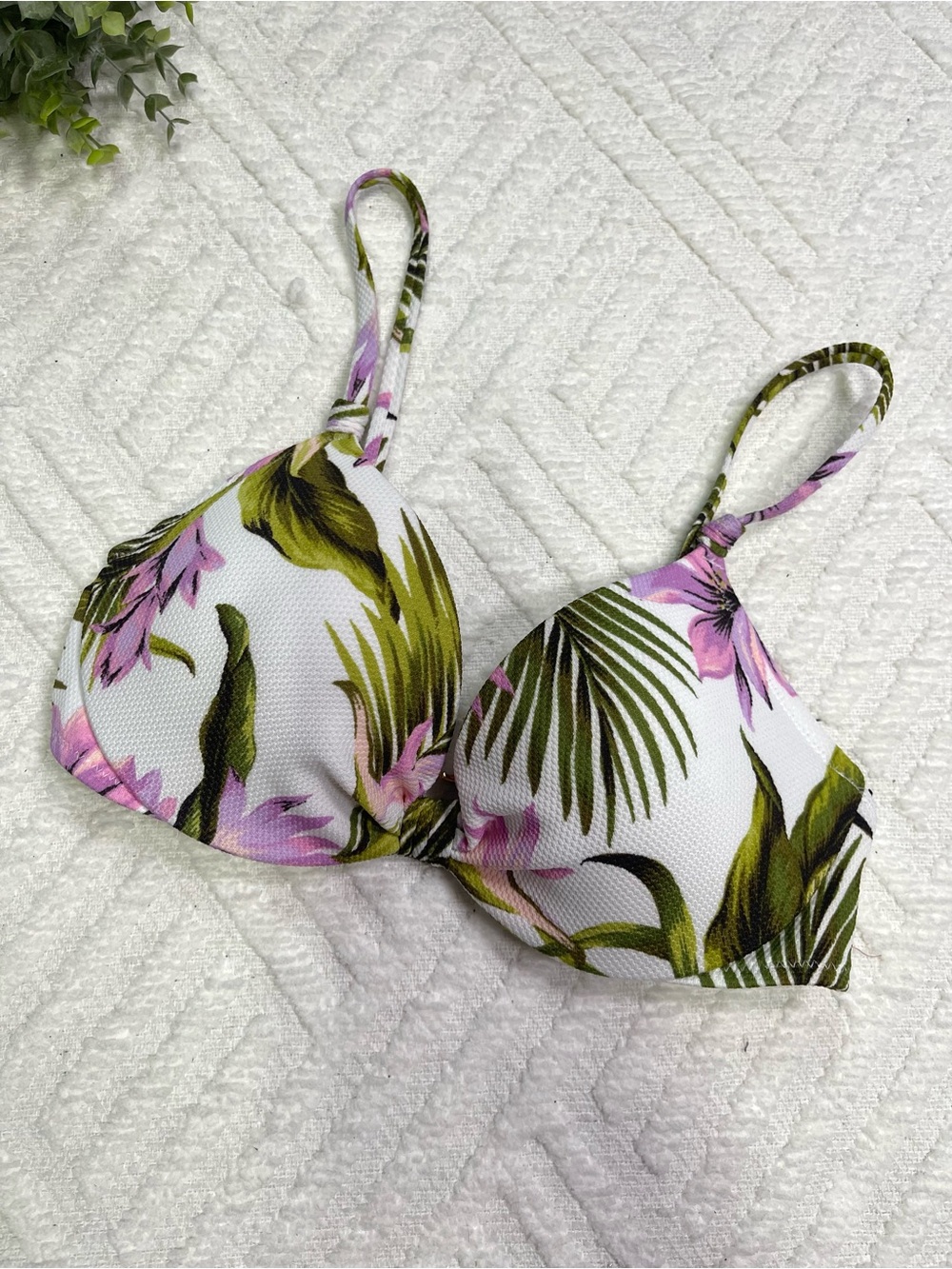 Shade & Shore White Bikini Top with Green Leaves & Pink Flowers